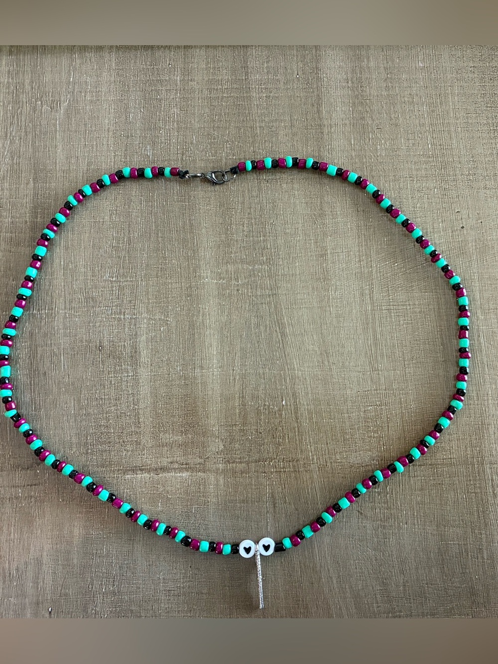 Handmade Turquoise and Magenta Beaded Heart Necklace